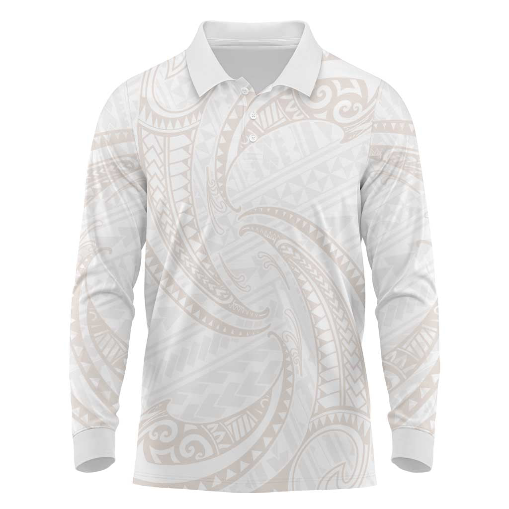 White Sunday Lotu Tamaiti Long Sleeve Polo Shirt Polynesian Wave Pastel Nude - Polynesian Pride
