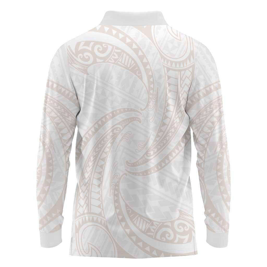 White Sunday Lotu Tamaiti Long Sleeve Polo Shirt Polynesian Wave Pastel Nude - Polynesian Pride