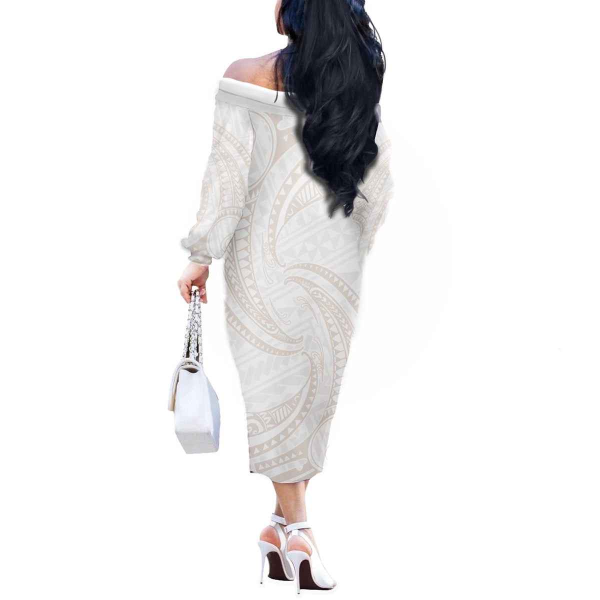 White Sunday Lotu Tamaiti Off The Shoulder Long Sleeve Dress Polynesian Wave Pastel Nude - Polynesian Pride