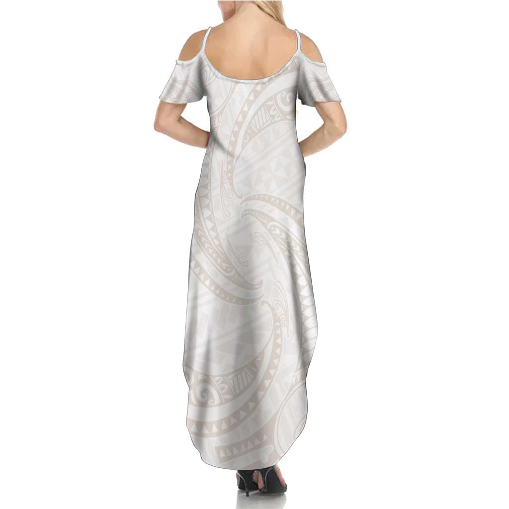 White Sunday Lotu Tamaiti Summer Maxi Dress Polynesian Wave Pastel Nude - Polynesian Pride