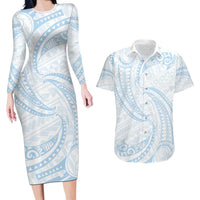 White Sunday Lotu Tamaiti Couples Matching Long Sleeve Bodycon Dress and Hawaiian Shirt Polynesian Wave Pastel Sky Blue - Polynesian Pride