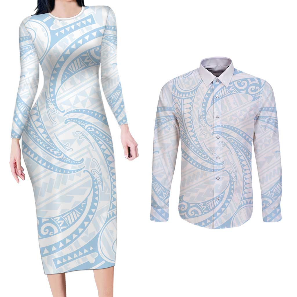 White Sunday Lotu Tamaiti Couples Matching Long Sleeve Bodycon Dress and Long Sleeve Button Shirt Polynesian Wave Pastel Sky Blue - Polynesian Pride