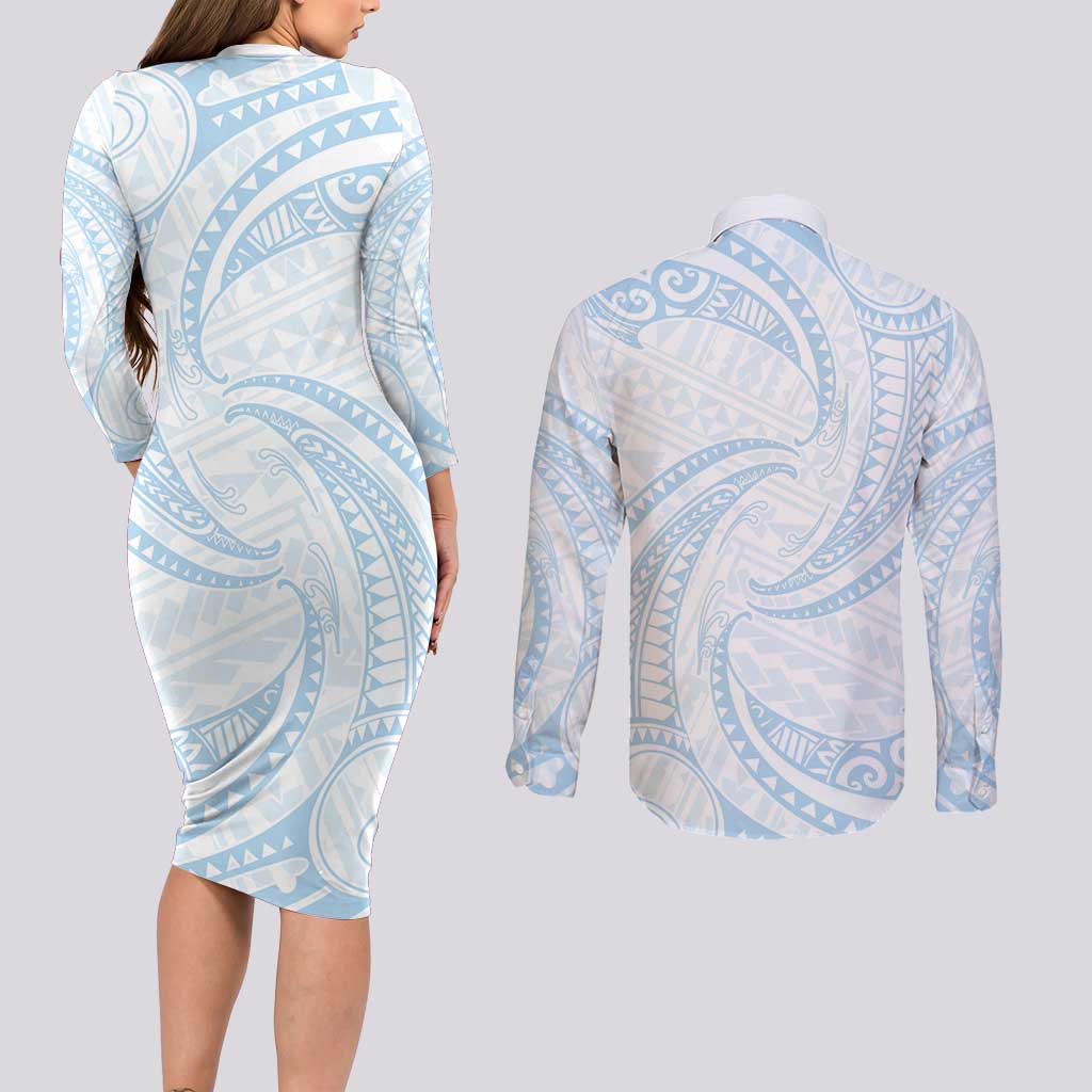 White Sunday Lotu Tamaiti Couples Matching Long Sleeve Bodycon Dress and Long Sleeve Button Shirt Polynesian Wave Pastel Sky Blue - Polynesian Pride