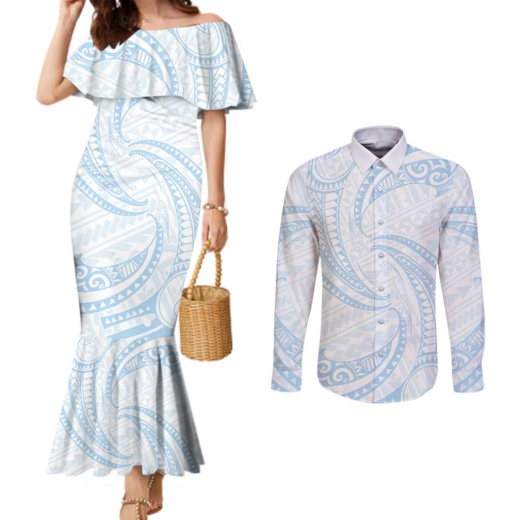 White Sunday Lotu Tamaiti Couples Matching Mermaid Dress and Long Sleeve Button Shirt Polynesian Wave Pastel Sky Blue - Polynesian Pride