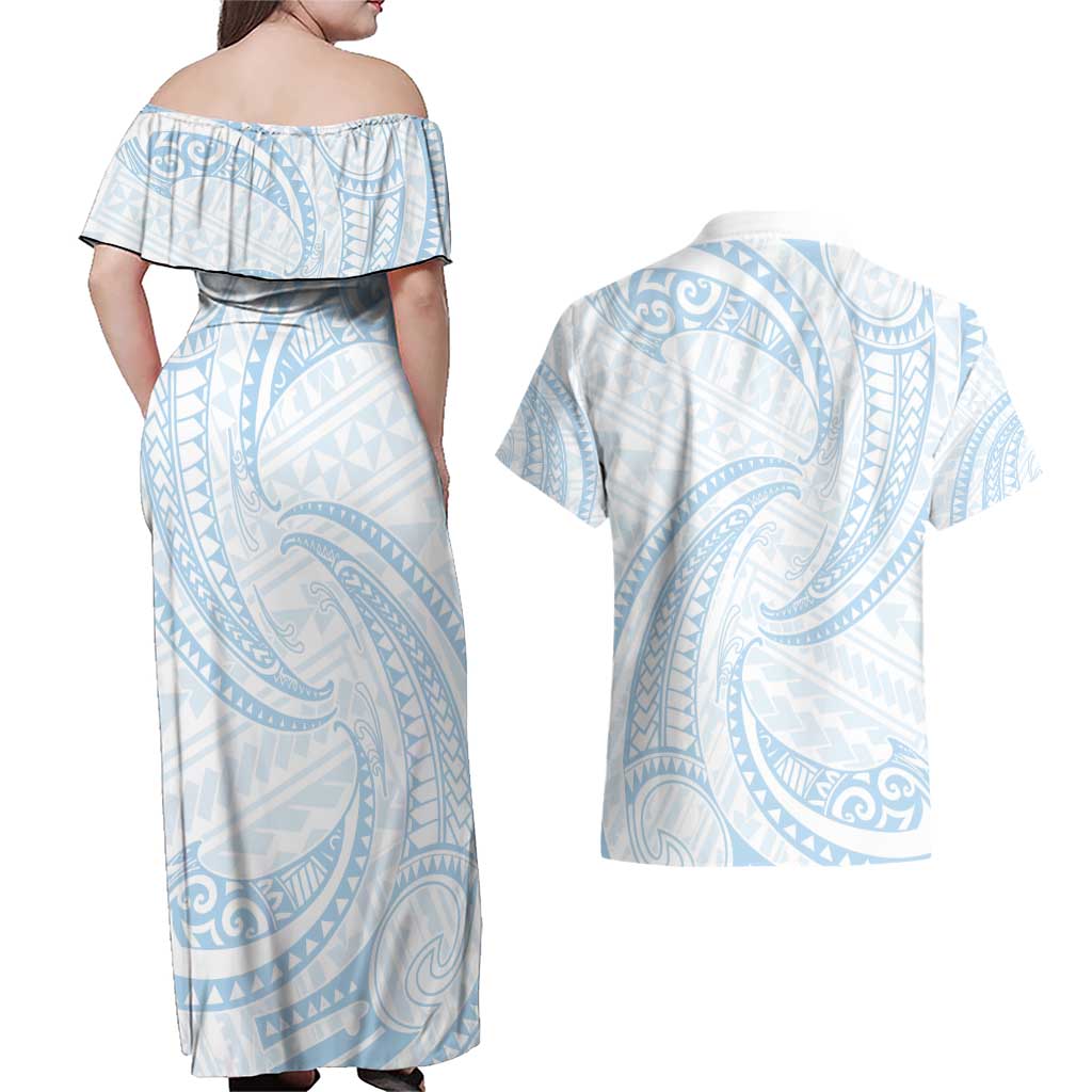 White Sunday Lotu Tamaiti Couples Matching Off Shoulder Maxi Dress and Hawaiian Shirt Polynesian Wave Pastel Sky Blue - Polynesian Pride