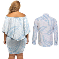White Sunday Lotu Tamaiti Couples Matching Off Shoulder Short Dress and Long Sleeve Button Shirt Polynesian Wave Pastel Sky Blue - Polynesian Pride