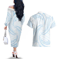White Sunday Lotu Tamaiti Couples Matching Off The Shoulder Long Sleeve Dress and Hawaiian Shirt Polynesian Wave Pastel Sky Blue - Polynesian Pride