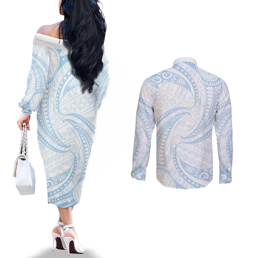 White Sunday Lotu Tamaiti Couples Matching Off The Shoulder Long Sleeve Dress and Long Sleeve Button Shirt Polynesian Wave Pastel Sky Blue - Polynesian Pride