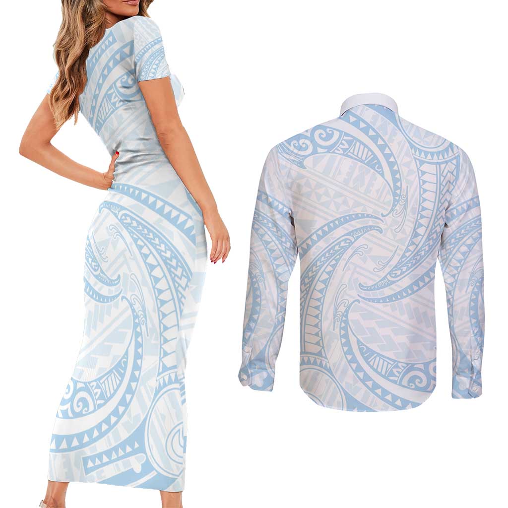 White Sunday Lotu Tamaiti Couples Matching Short Sleeve Bodycon Dress and Long Sleeve Button Shirt Polynesian Wave Pastel Sky Blue - Polynesian Pride