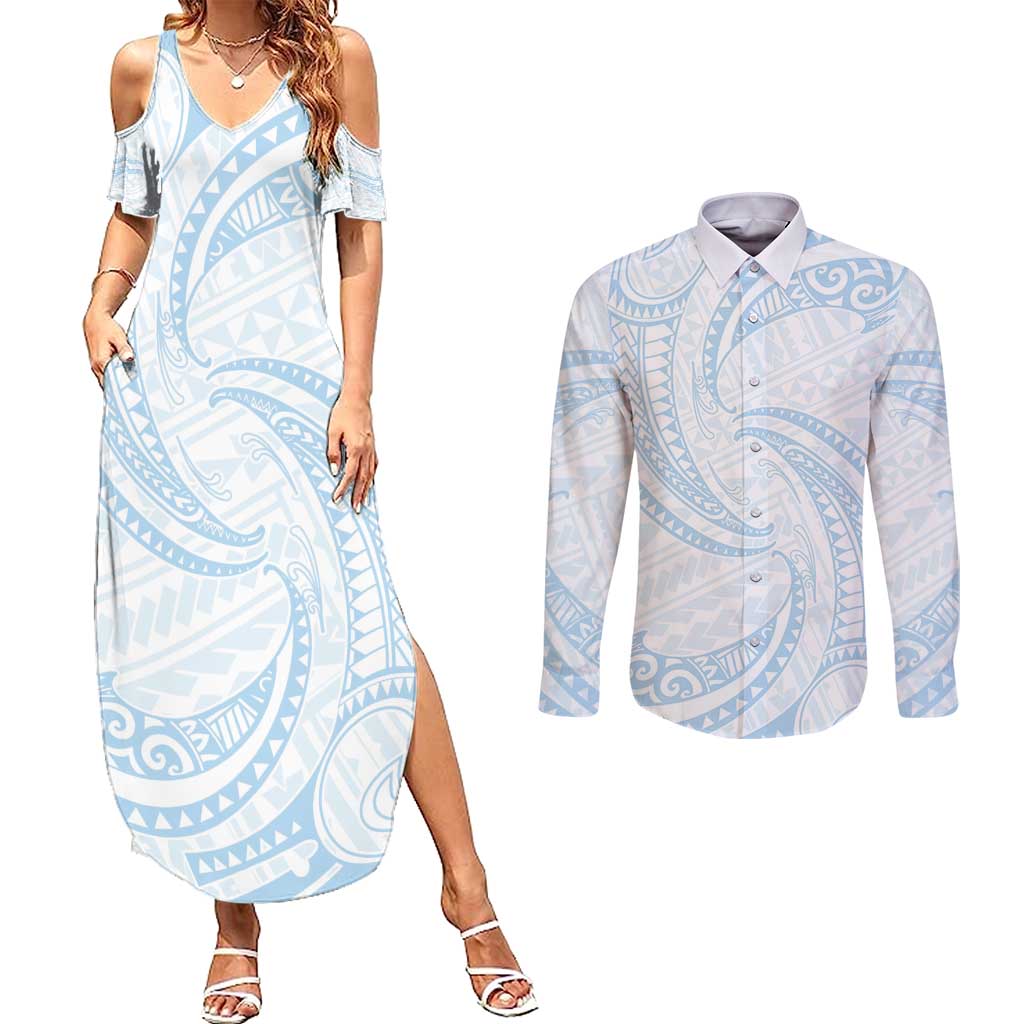 White Sunday Lotu Tamaiti Couples Matching Summer Maxi Dress and Long Sleeve Button Shirt Polynesian Wave Pastel Sky Blue - Polynesian Pride