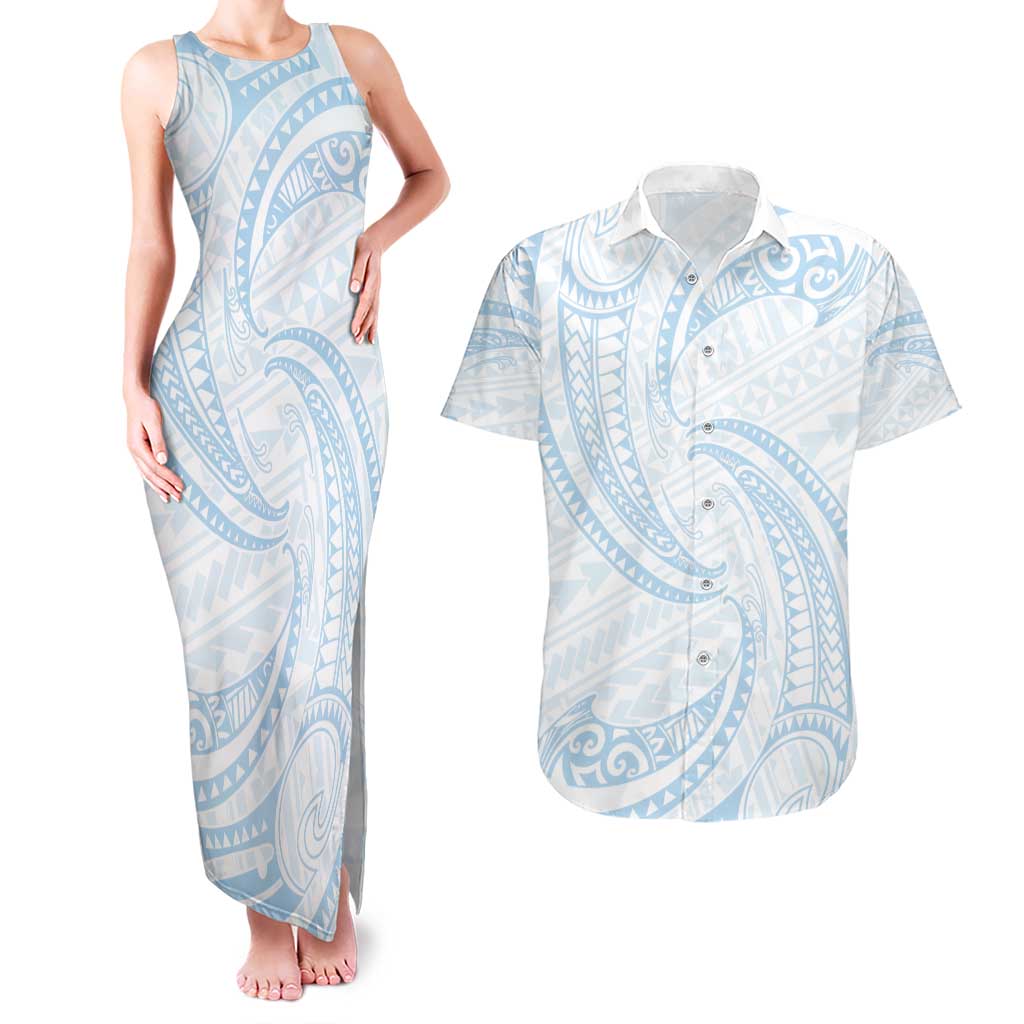 White Sunday Lotu Tamaiti Couples Matching Tank Maxi Dress and Hawaiian Shirt Polynesian Wave Pastel Sky Blue - Polynesian Pride