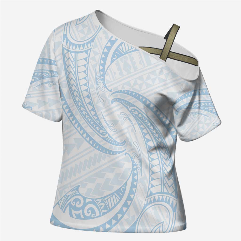 White Sunday Lotu Tamaiti Cross Shoulder Shirt Polynesian Wave Pastel Sky Blue - Polynesian Pride