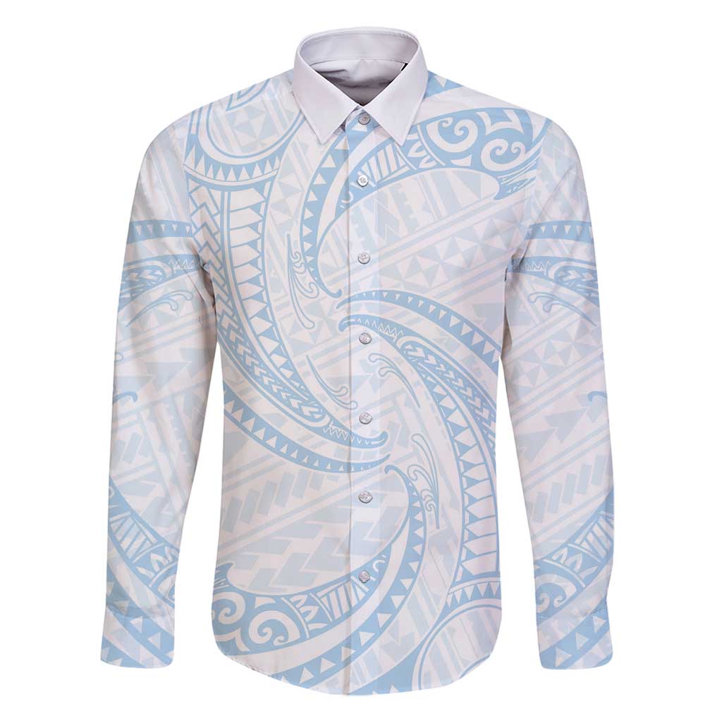 White Sunday Lotu Tamaiti Family Matching Long Sleeve Bodycon Dress and Hawaiian Shirt Polynesian Wave Pastel Sky Blue - Polynesian Pride