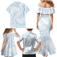 White Sunday Lotu Tamaiti Family Matching Mermaid Dress and Hawaiian Shirt Polynesian Wave Pastel Sky Blue - Polynesian Pride