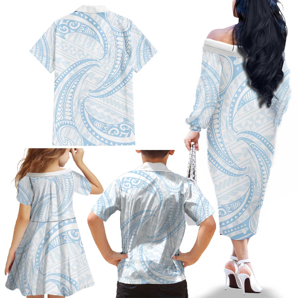 White Sunday Lotu Tamaiti Family Matching Off The Shoulder Long Sleeve Dress and Hawaiian Shirt Polynesian Wave Pastel Sky Blue - Polynesian Pride