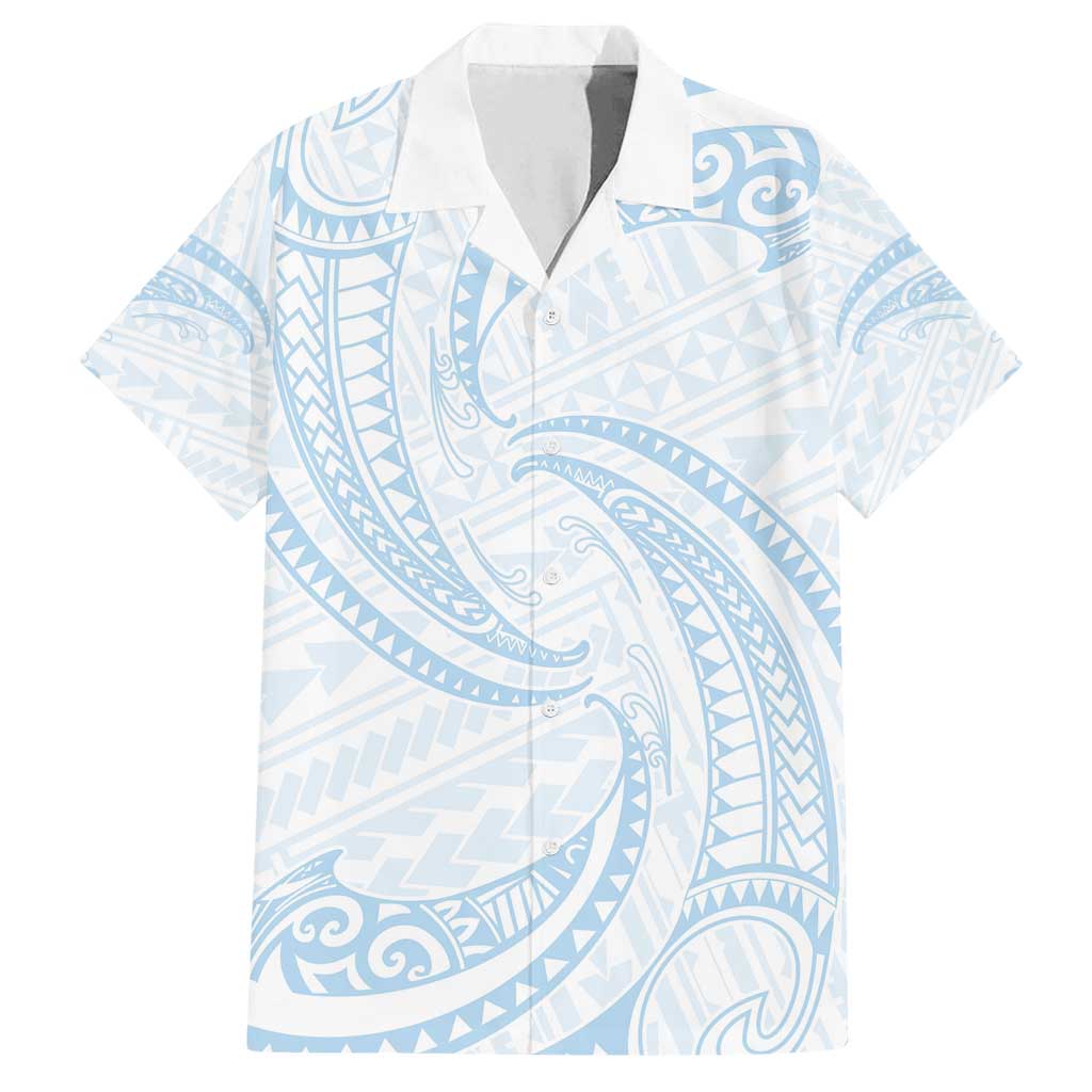 White Sunday Lotu Tamaiti Family Matching Off Shoulder Short Dress and Hawaiian Shirt Polynesian Wave Pastel Sky Blue - Polynesian Pride