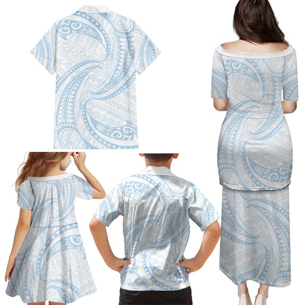 White Sunday Lotu Tamaiti Family Matching Puletasi and Hawaiian Shirt Polynesian Wave Pastel Sky Blue - Polynesian Pride