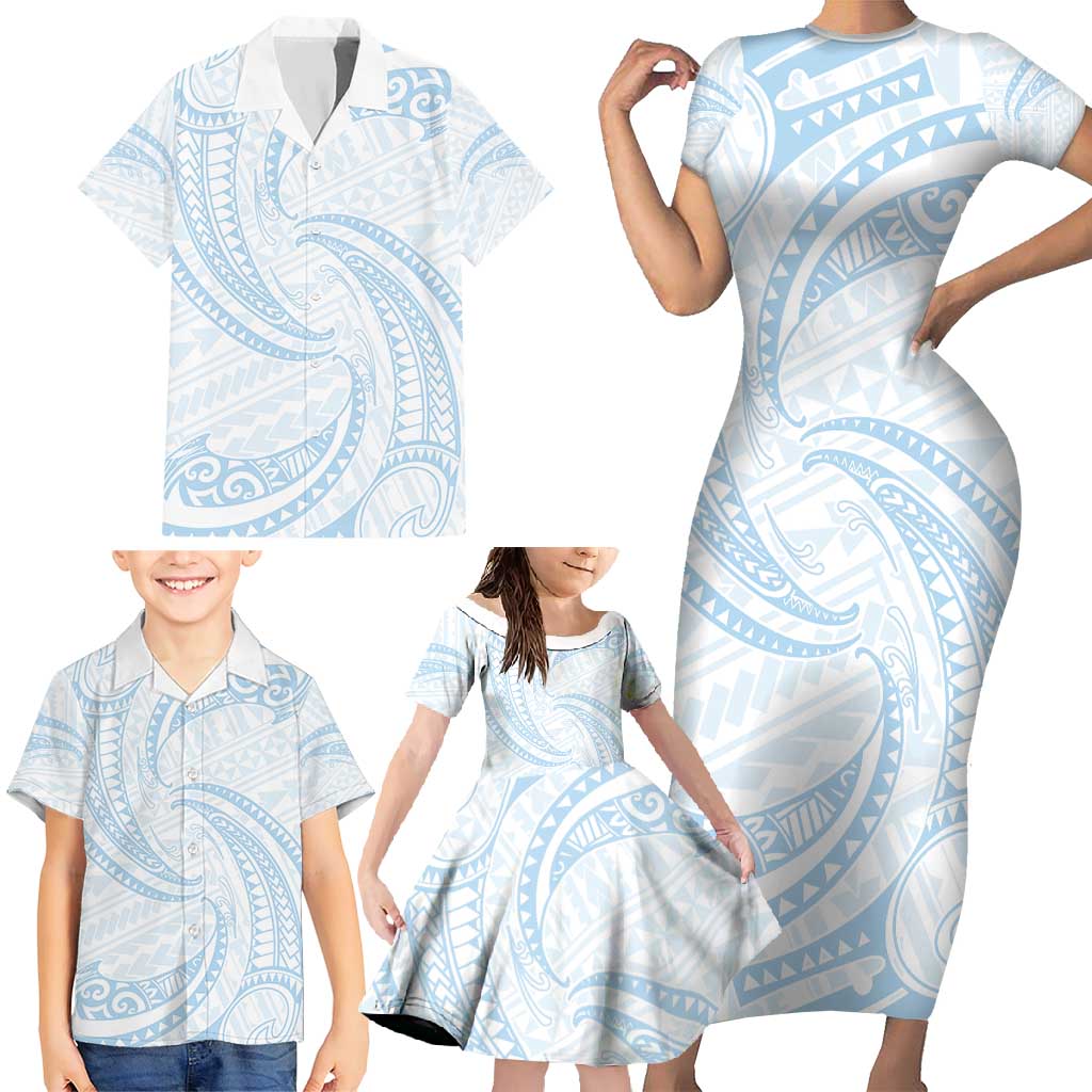 White Sunday Lotu Tamaiti Family Matching Short Sleeve Bodycon Dress and Hawaiian Shirt Polynesian Wave Pastel Sky Blue - Polynesian Pride