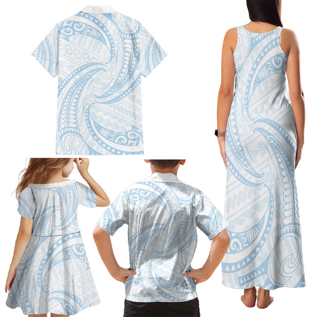 White Sunday Lotu Tamaiti Family Matching Tank Maxi Dress and Hawaiian Shirt Polynesian Wave Pastel Sky Blue - Polynesian Pride