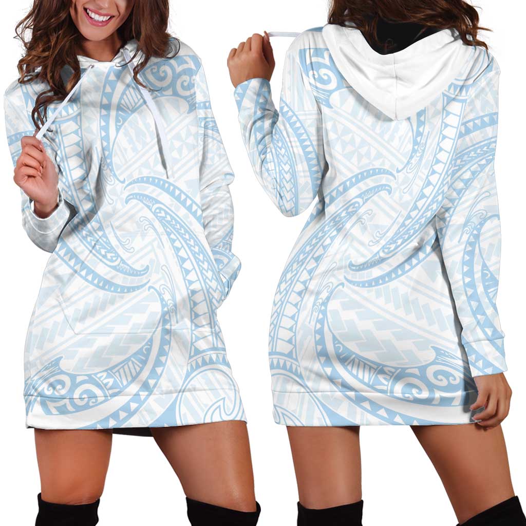 White Sunday Lotu Tamaiti Hoodie Dress Polynesian Wave Pastel Sky Blue - Polynesian Pride