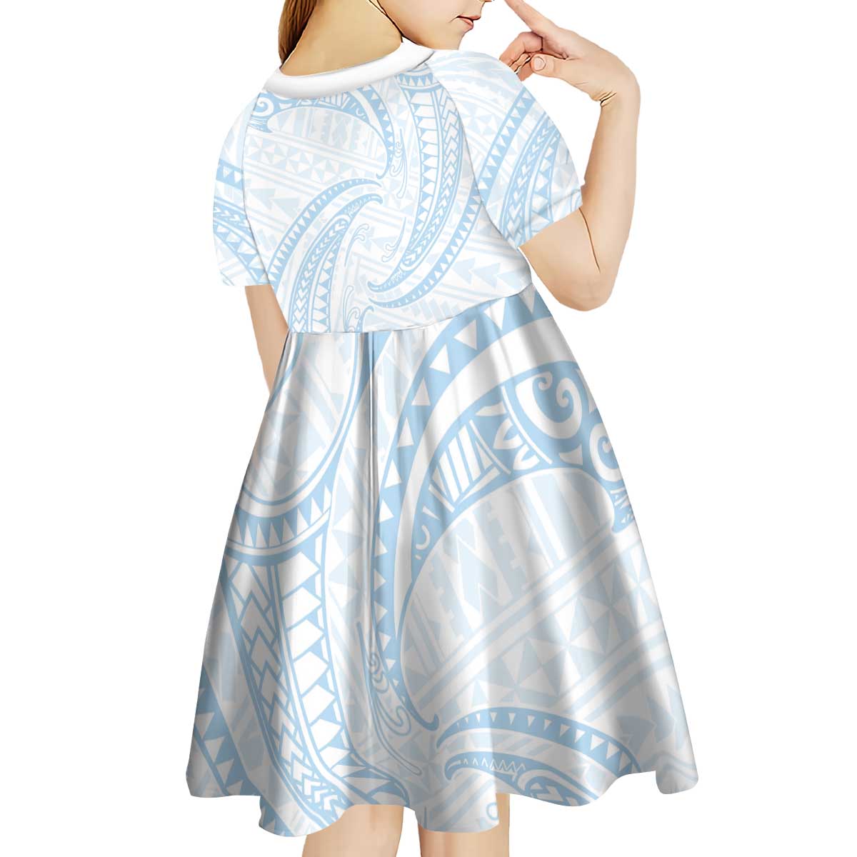 White Sunday Lotu Tamaiti Kid Short Sleeve Dress Polynesian Wave Pastel Sky Blue - Polynesian Pride