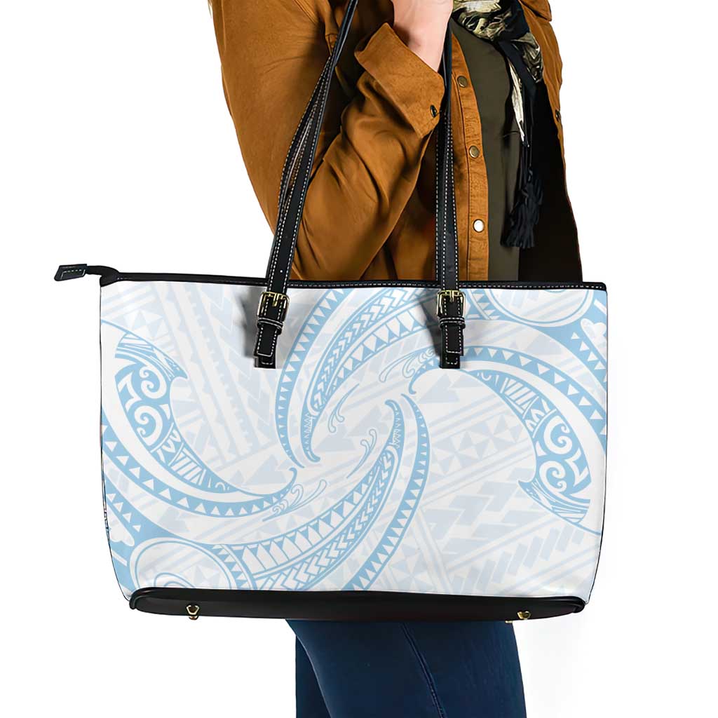White Sunday Lotu Tamaiti Leather Tote Bag Polynesian Wave Pastel Sky Blue - Polynesian Pride