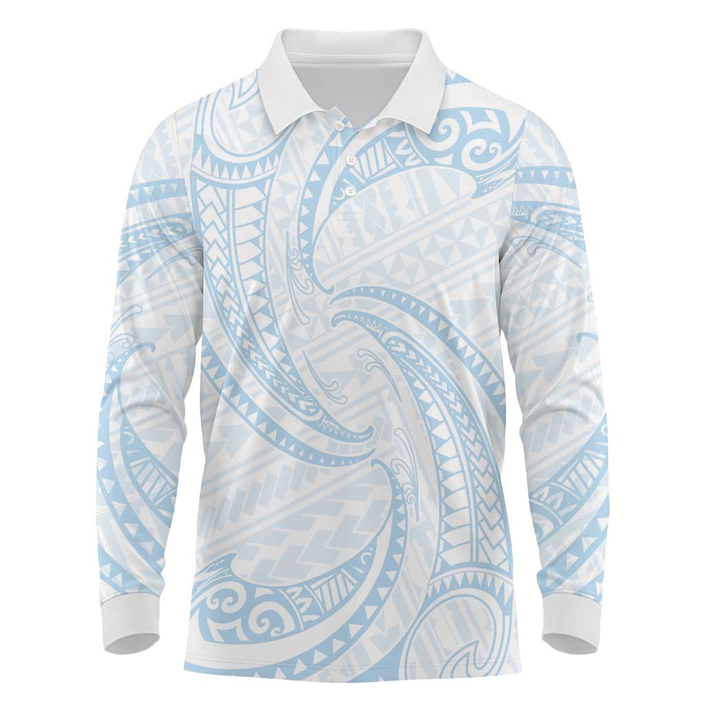 White Sunday Lotu Tamaiti Long Sleeve Polo Shirt Polynesian Wave Pastel Sky Blue - Polynesian Pride