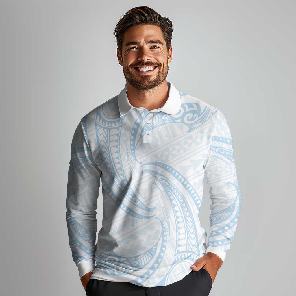 White Sunday Lotu Tamaiti Long Sleeve Polo Shirt Polynesian Wave Pastel Sky Blue - Polynesian Pride