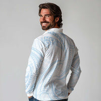 White Sunday Lotu Tamaiti Long Sleeve Polo Shirt Polynesian Wave Pastel Sky Blue - Polynesian Pride