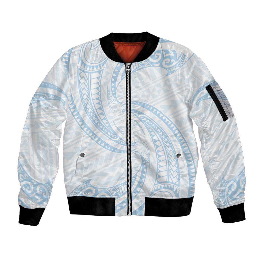White Sunday Lotu Tamaiti Sleeve Zip Bomber Jacket Polynesian Wave Pastel Sky Blue - Polynesian Pride
