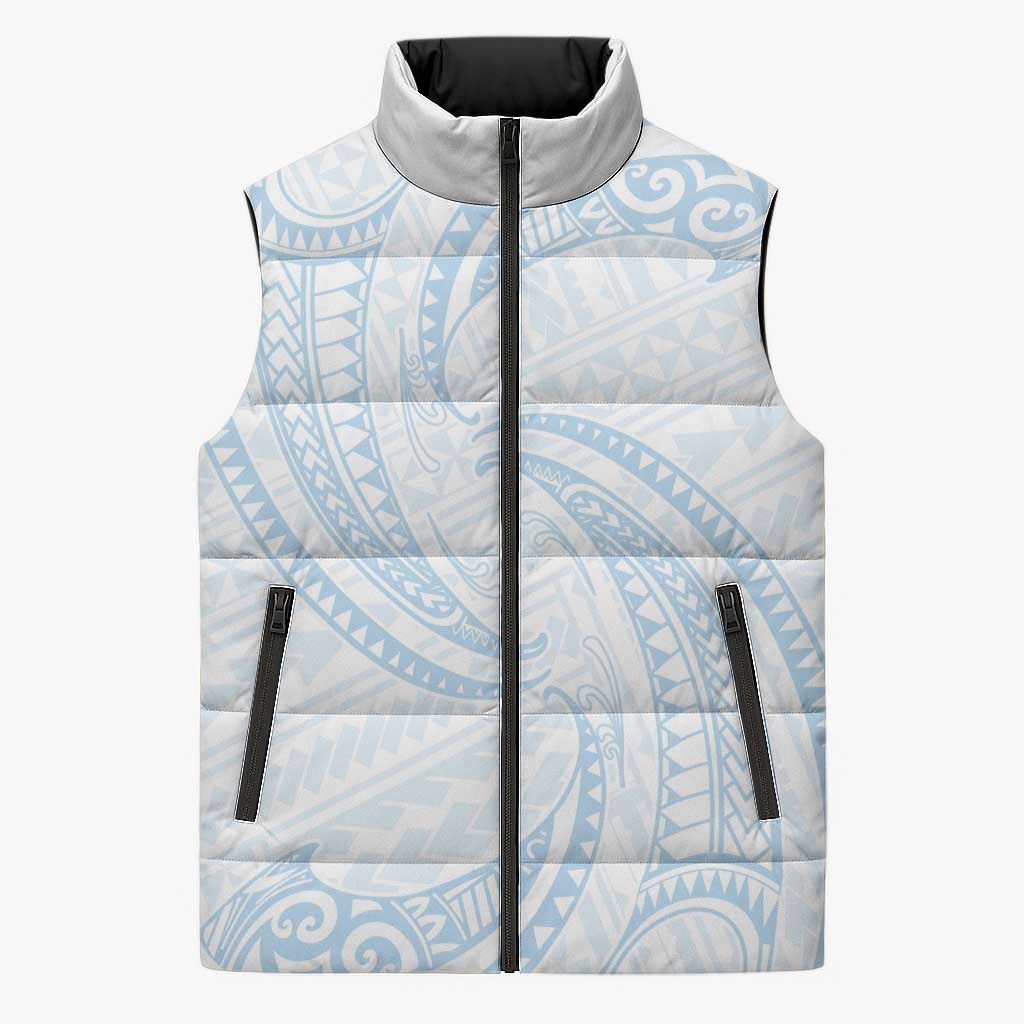 White Sunday Lotu Tamaiti Sleeveless Puffer Jacket Polynesian Wave Pastel Sky Blue - Polynesian Pride