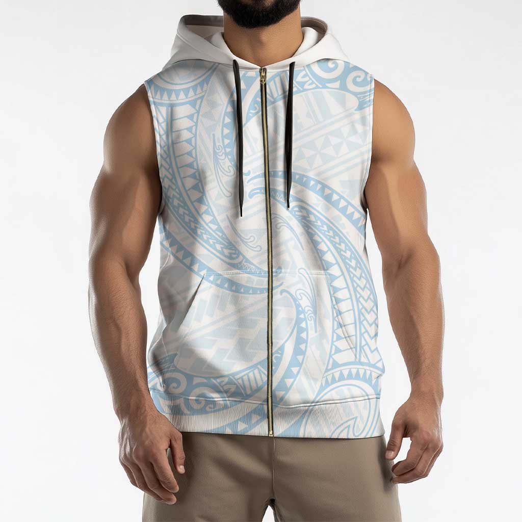 White Sunday Lotu Tamaiti Sleeveless Zip Hoodie Polynesian Wave Pastel Sky Blue - Polynesian Pride