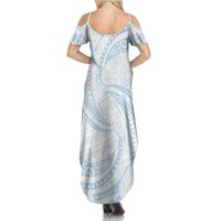 White Sunday Lotu Tamaiti Summer Maxi Dress Polynesian Wave Pastel Sky Blue - Polynesian Pride