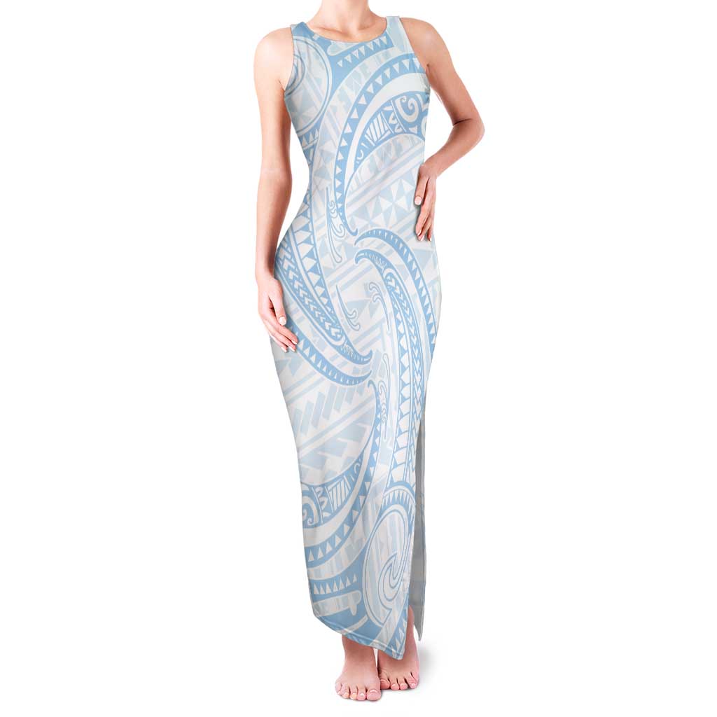 White Sunday Lotu Tamaiti Tank Maxi Dress Polynesian Wave Pastel Sky Blue - Polynesian Pride