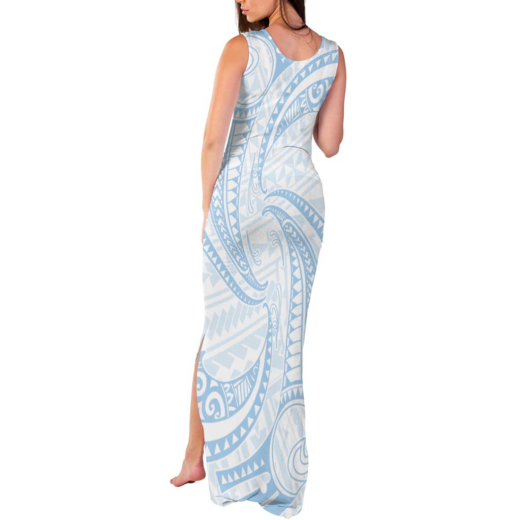 White Sunday Lotu Tamaiti Tank Maxi Dress Polynesian Wave Pastel Sky Blue - Polynesian Pride