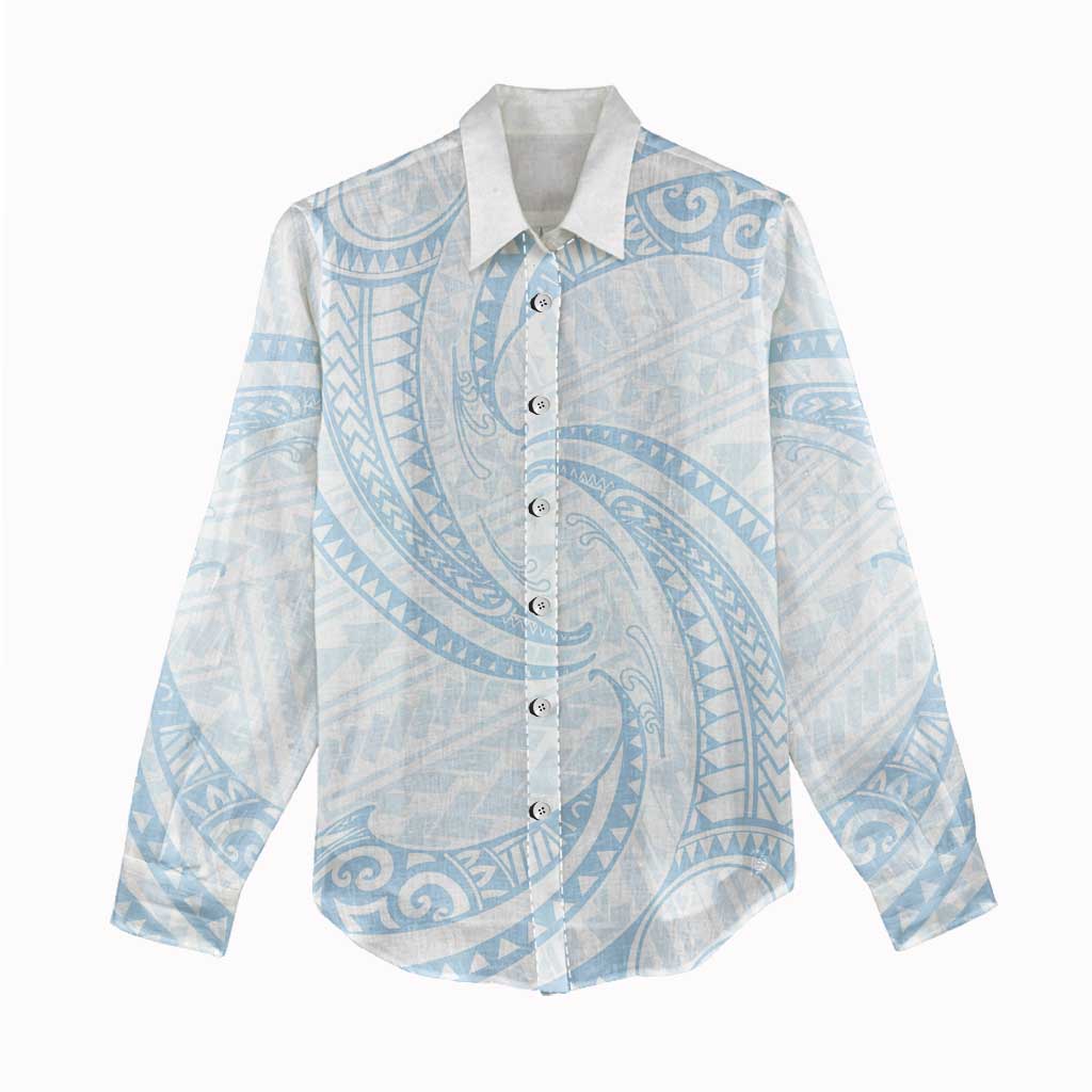 White Sunday Lotu Tamaiti Women Casual Shirt Polynesian Wave Pastel Sky Blue - Polynesian Pride