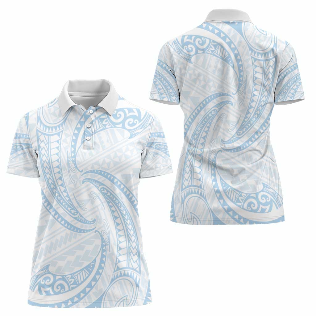 White Sunday Lotu Tamaiti Women Polo Shirt Polynesian Wave Pastel Sky Blue - Polynesian Pride