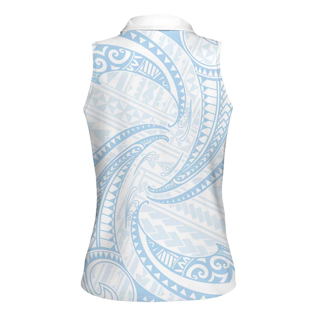 White Sunday Lotu Tamaiti Women Sleeveless Polo Shirt Polynesian Wave Pastel Sky Blue - Polynesian Pride