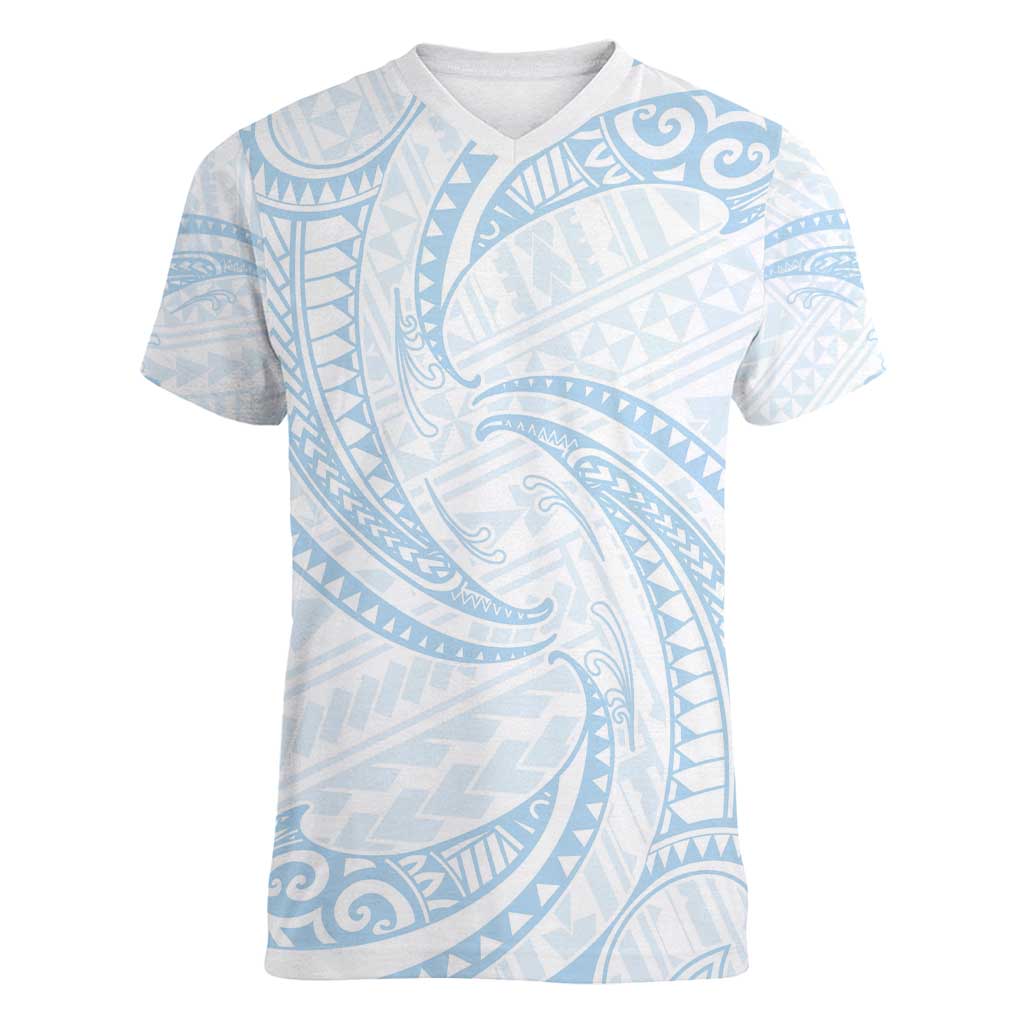 White Sunday Lotu Tamaiti Women V-Neck T-Shirt Polynesian Wave Pastel Sky Blue - Polynesian Pride
