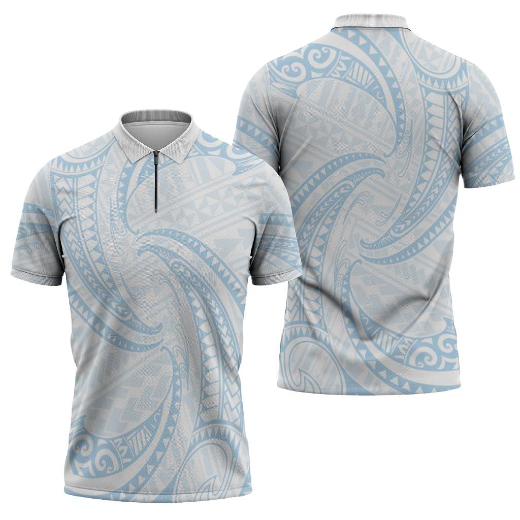 White Sunday Lotu Tamaiti Zipper Polo Shirt Polynesian Wave Pastel Sky Blue - Polynesian Pride