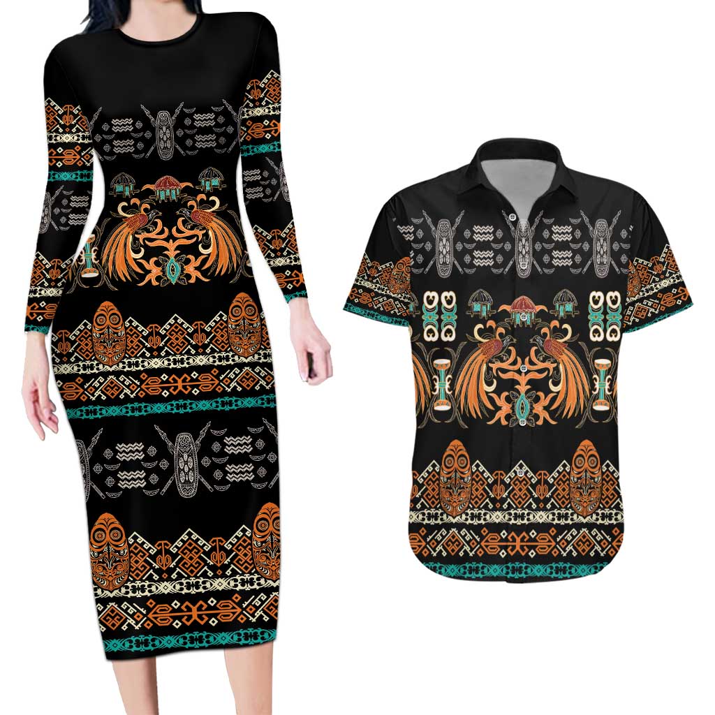 Black Batik Papua-inspired Pattern Couples Matching Long Sleeve Bodycon Dress and Hawaiian Shirt LT9 Black - Polynesian Pride