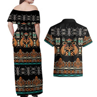 Black Batik Papua-inspired Pattern Couples Matching Off Shoulder Maxi Dress and Hawaiian Shirt - Polynesian Pride