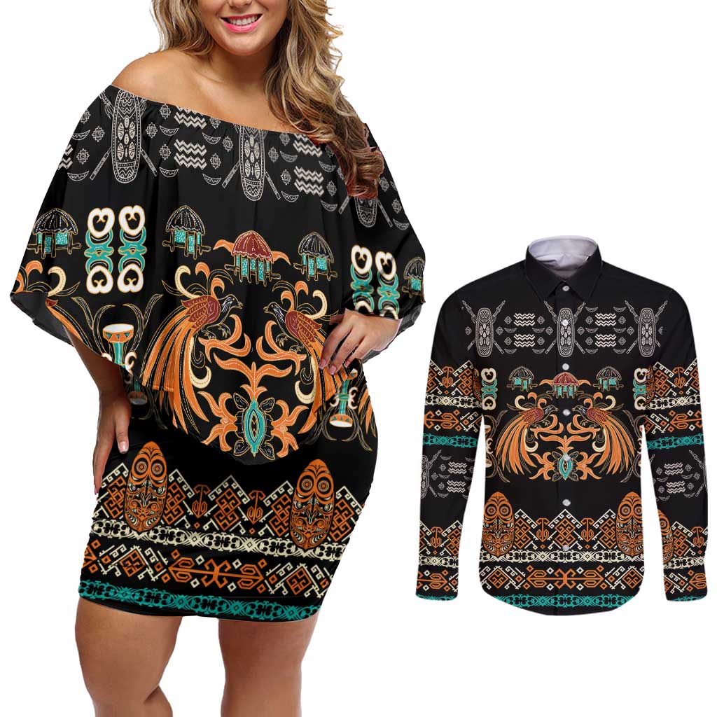 Black Batik Papua-inspired Pattern Couples Matching Off Shoulder Short Dress and Long Sleeve Button Shirt - Polynesian Pride