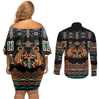 Black Batik Papua-inspired Pattern Couples Matching Off Shoulder Short Dress and Long Sleeve Button Shirt - Polynesian Pride