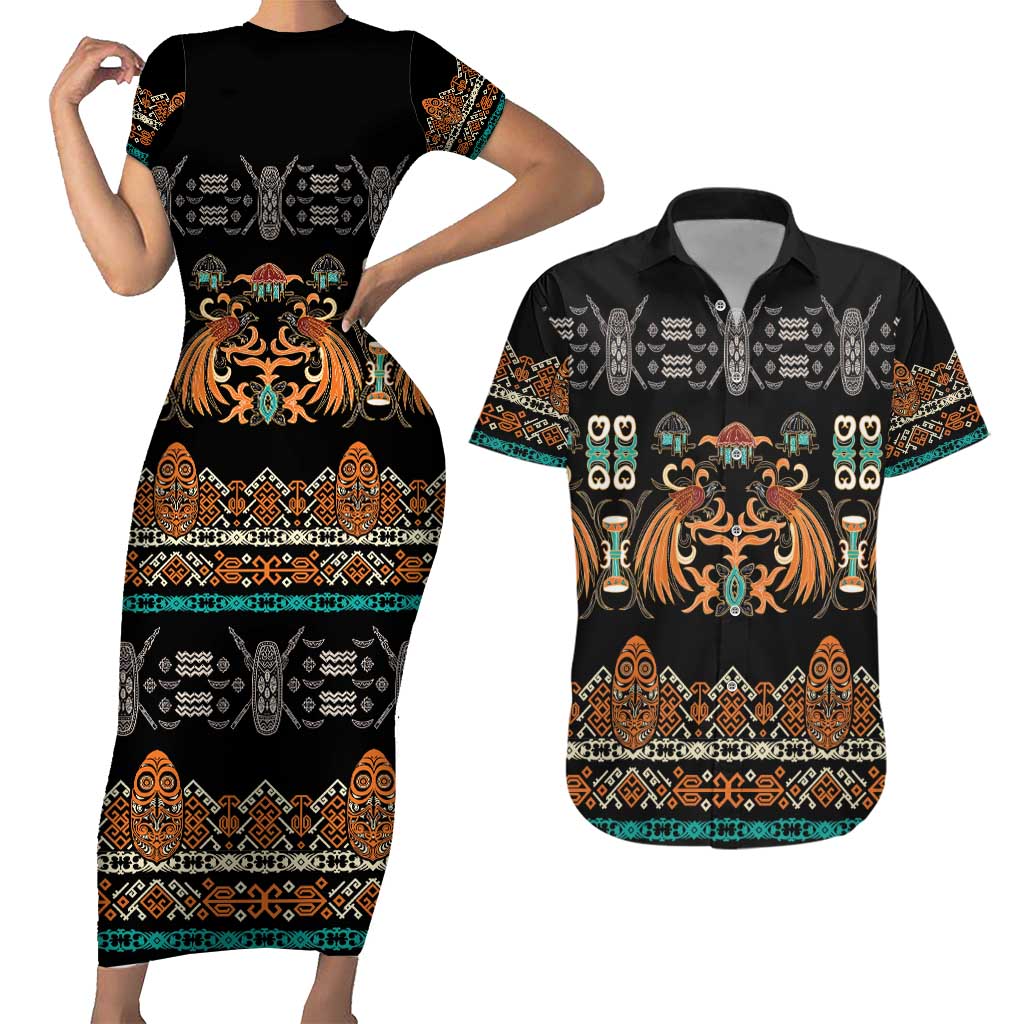 Black Batik Papua-inspired Pattern Couples Matching Short Sleeve Bodycon Dress and Hawaiian Shirt LT9 Black - Polynesian Pride