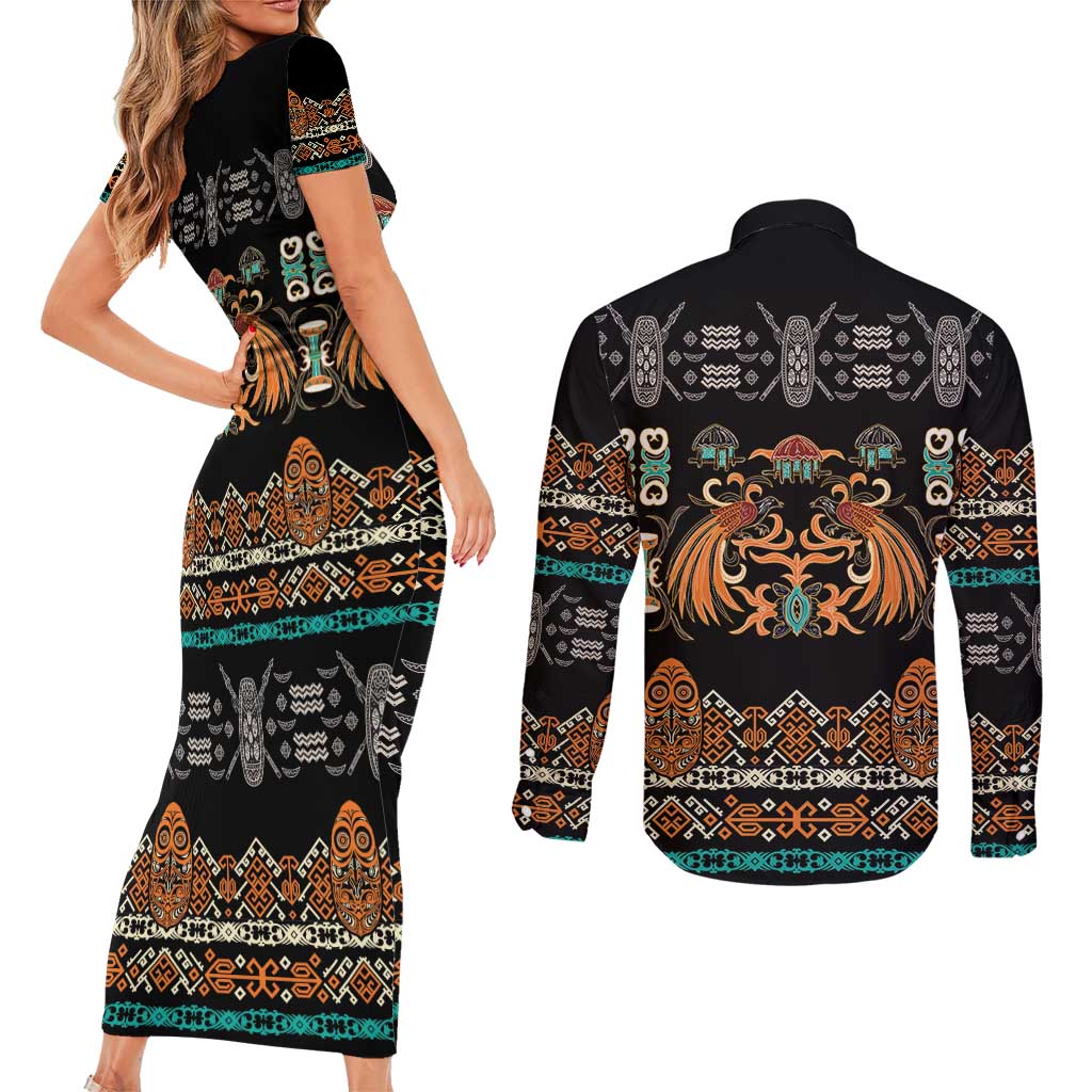 Black Batik Papua-inspired Pattern Couples Matching Short Sleeve Bodycon Dress and Long Sleeve Button Shirt - Polynesian Pride
