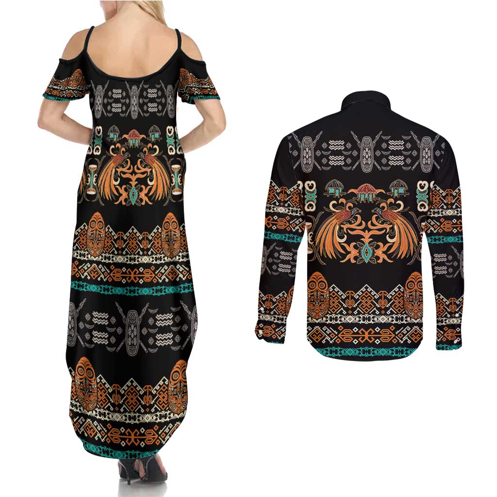 Black Batik Papua-inspired Pattern Couples Matching Summer Maxi Dress and Long Sleeve Button Shirt LT9 - Polynesian Pride