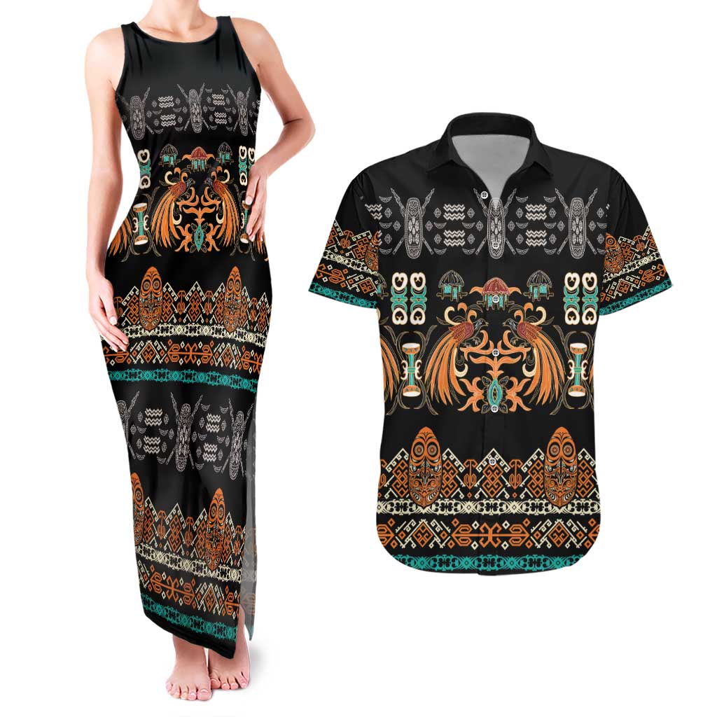 Black Batik Papua-inspired Pattern Couples Matching Tank Maxi Dress and Hawaiian Shirt LT9 Black - Polynesian Pride