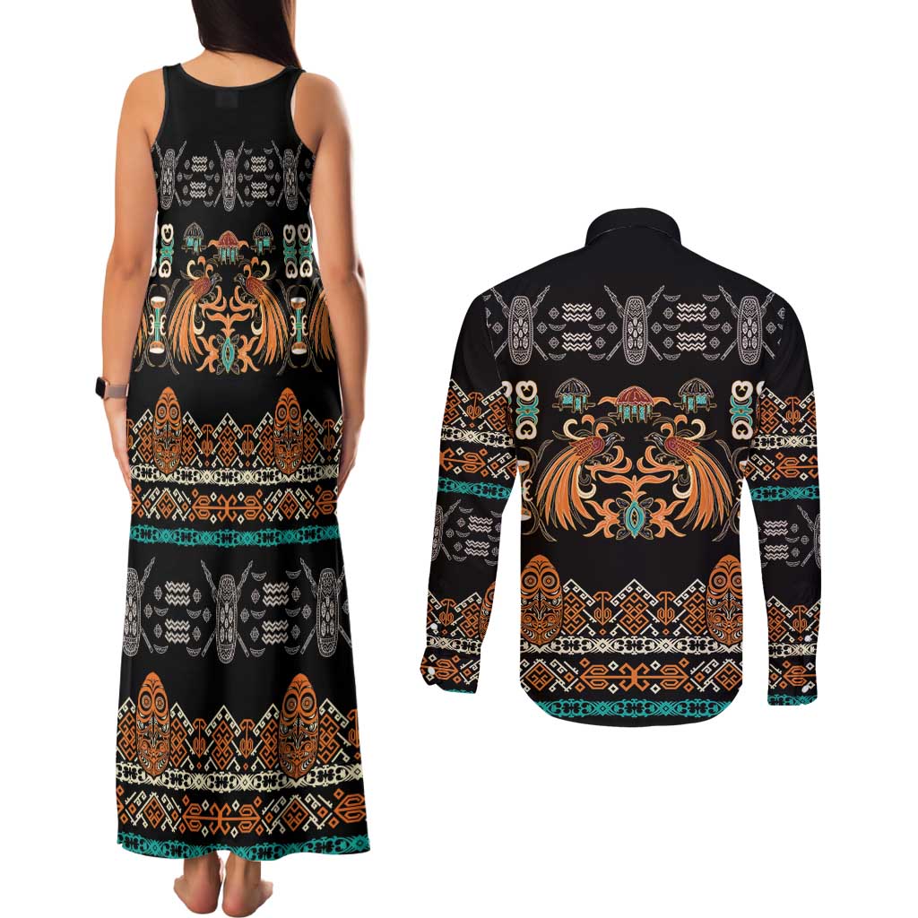 Black Batik Papua-inspired Pattern Couples Matching Tank Maxi Dress and Long Sleeve Button Shirt - Polynesian Pride