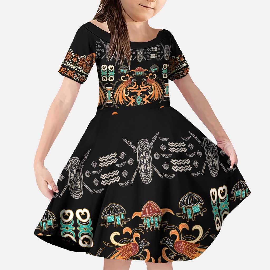 Black Batik Papua-inspired Pattern Family Matching Long Sleeve Bodycon Dress and Hawaiian Shirt LT9 Daughter's Dress Black - Polynesian Pride